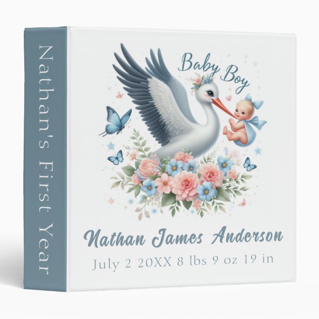 Baby Boy with Stork, Flowers and Butterflies 3 Ring Binder (Front/Spine)