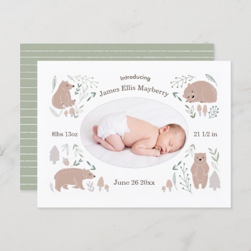Baby boy woodland bear birth Announcement Postcard