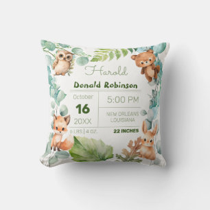 Baby Boy Woodland Birth Announcement Throw Pillow