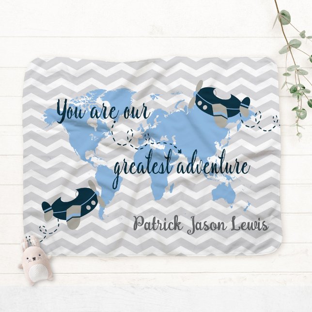 Baby Boy World Map Personalized Name Nursery Baby Blanket (Creator Uploaded)