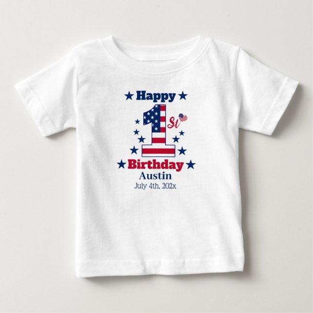 Baby Boy's 1st Birthday 4th Of July Custom White Baby T-Shirt (Front)
