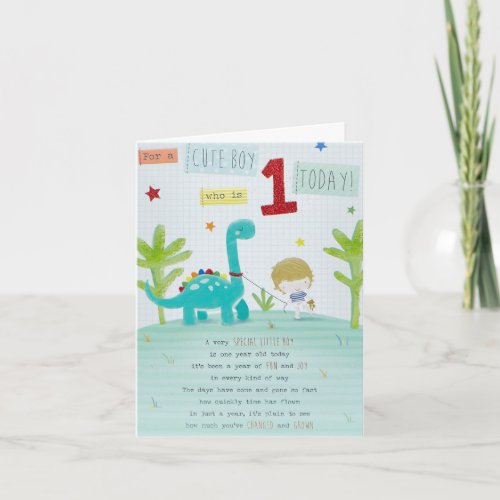 Baby Boys 1st Birthday Card _ Walking Dino