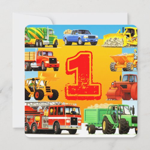 Baby Boys 1st Birthday Construction Truck Party Invitation