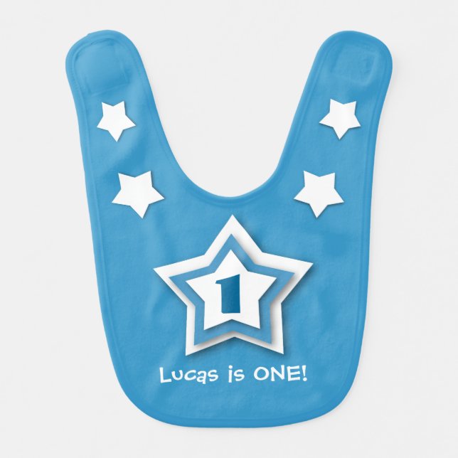 Baby Boy's 1st Birthday Gift WHITE Stars 6A Bib (Front)