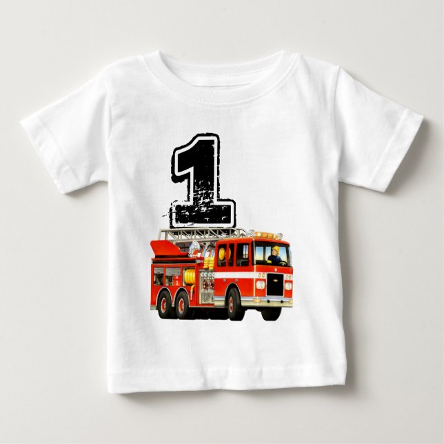Baby Boys 1st Birthday Red Fire Truck T-Shirt (Front)