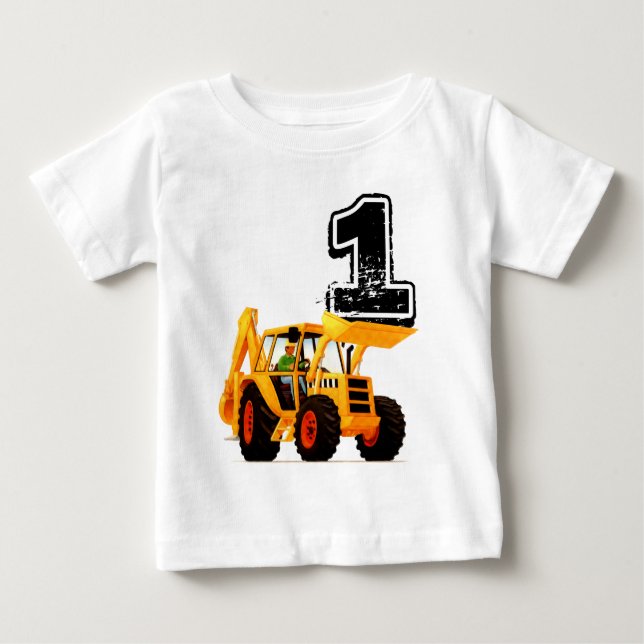 Baby Boys 1st Birthday Yellow Digger Construction T-Shirt (Front)