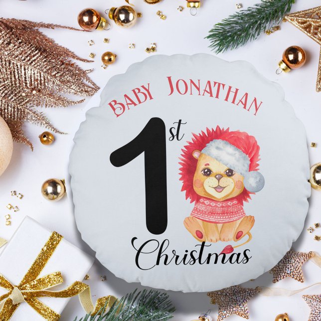 Baby Boy's 1st Christmas Cute Bear Red Sweater Round Pillow (Creator Uploaded)