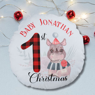 Baby Boy's 1st Christmas Cute Rhino Santa Hat Name Round Pillow