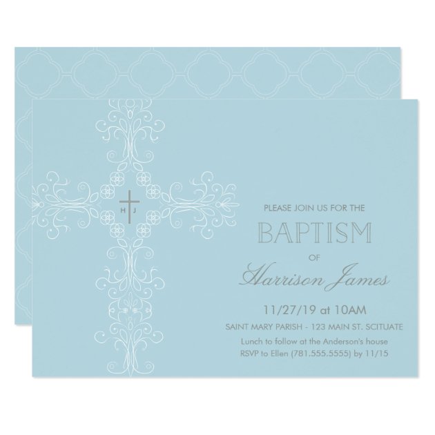 Baby Boy's Baptism Invitation With Cross, Initials