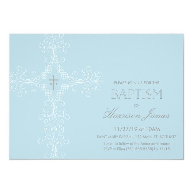Baby Boy's Baptism Invitation With Cross, Initials