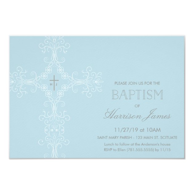 Baby Boy's Baptism Invitation With Cross, Initials