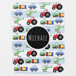 Baby Boy's Blue Car Transport Pattern & Name Receiving Blanket