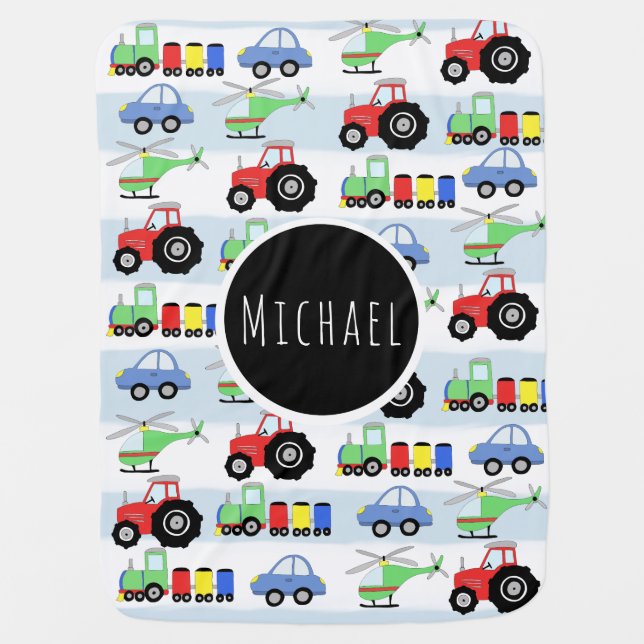 Baby Boy's Blue Car Transport Pattern & Name Receiving Blanket (Front)