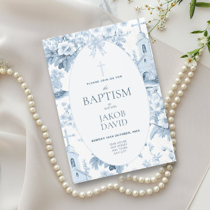 Baby Boys Blue Floral Toile Baptism Invitation