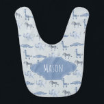Baby Boy's Blue Safari Animal Pattern with Name Baby Bib<br><div class="desc">This adorable and cute boy's baby bib features a pattern of blue watercolor elephants,  giraffes,  zebras and crocodiles,  and has place for you to add your boy's name in a gorgeous typography. Check out the rest of our collection for other blue cute safari animals!</div>