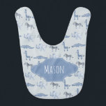 Baby Boy's Blue Safari Animal Pattern with Name Baby Bib<br><div class="desc">This adorable and cute boy's baby bib features a pattern of blue watercolor elephants,  giraffes,  zebras and crocodiles,  and has place for you to add your boy's name in a gorgeous typography. Check out the rest of our collection for other blue cute safari animals!</div>