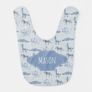 Baby Boy's Blue Safari Animal Pattern with Name Baby Bib
