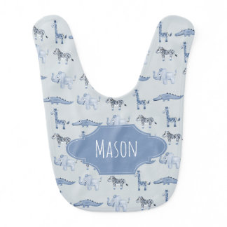 Baby Boy's Blue Safari Animal Pattern with Name Baby Bib