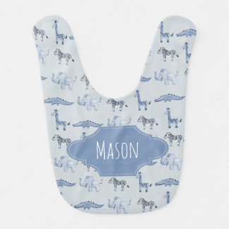 Baby Boy's Blue Safari Animal Pattern with Name Baby Bib