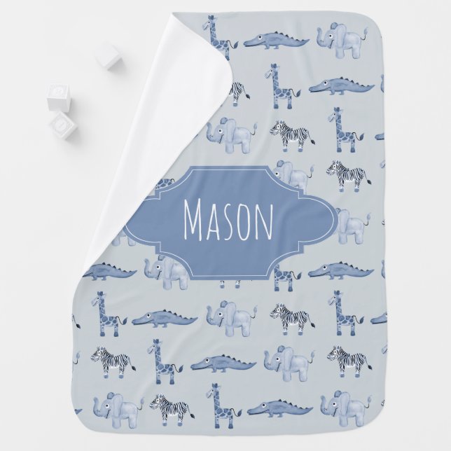 Baby Boy's Blue Safari Animal Pattern with Name Baby Blanket (In Situ)