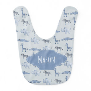 Baby Boy's Blue Safari Animal Pattern with Name Bib