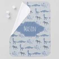 Baby Boy's Blue Safari Animal Pattern with Name Blanket