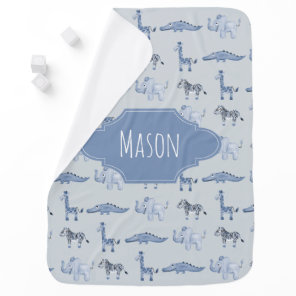 Baby Boy's Blue Safari Animal Pattern with Name Blanket
