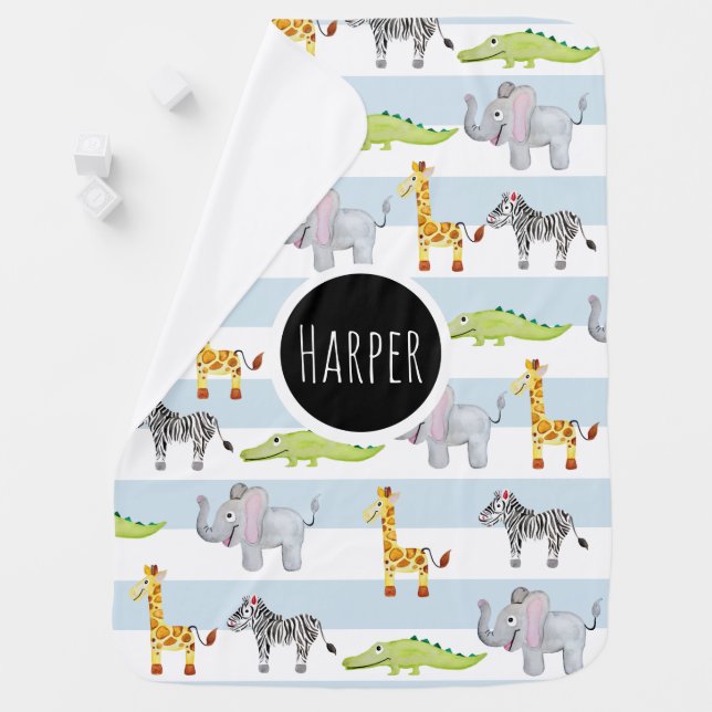 Baby Boy's Blue Striped Safari Animals with Name Receiving Blanket (In Situ)