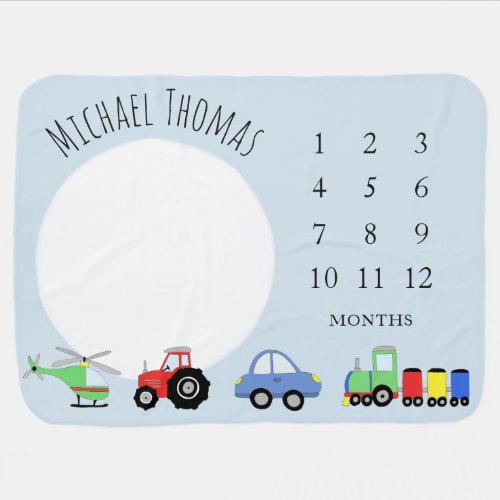Baby Boys Blue Train Car Tractor  Name Milestone Baby Blanket