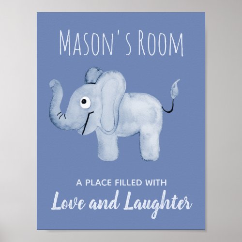 Baby Boys Blue Watercolor Elephant Nursery Art Poster