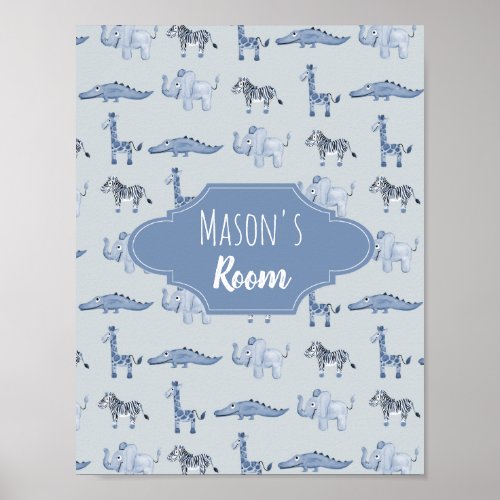 Baby Boys Blue Watercolor Safari Nursery Art Poster