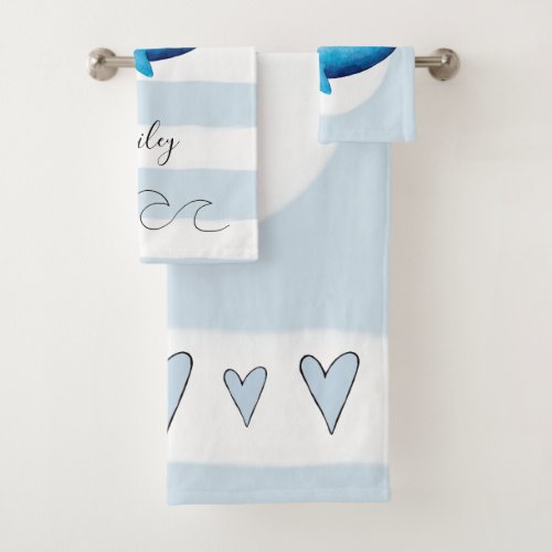 Baby Boys Blue Watercolor Whale Ocean Animal Name Bath Towel Set