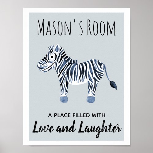 Baby Boys Blue Watercolor Zebra Nursery Art Poster