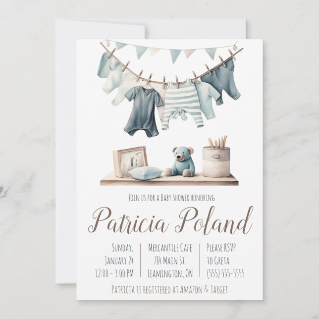 Baby Boy's Clothes on Clothesline Baby Shower  Invitation (Front)
