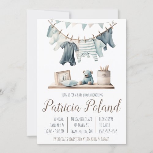 Baby Boys Clothes on Clothesline Baby Shower  Invitation