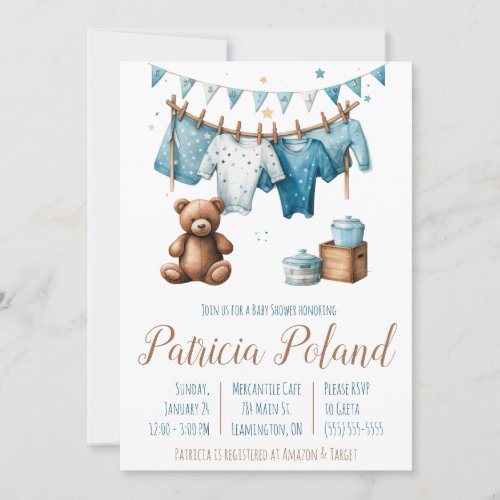 Baby Boys Clothes on Clothesline Baby Shower  Invitation