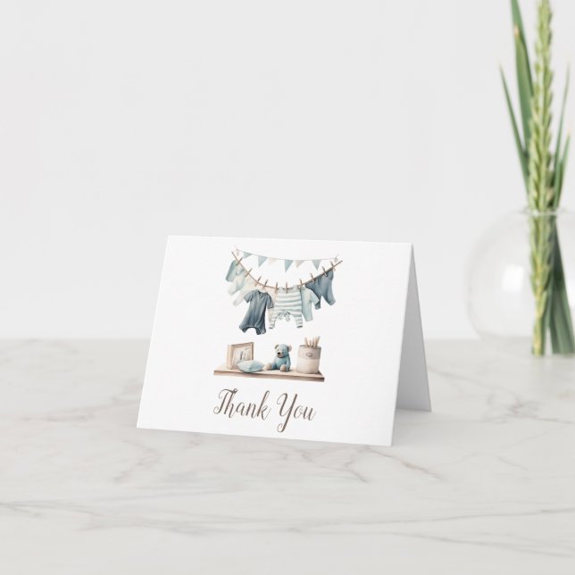 Baby Boy's Clothesline Baby Shower Thank You Card (Front)