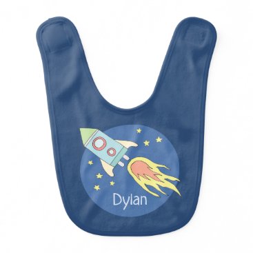 Baby Boys Colorful Rocket Ship Space and Name Baby Bib
