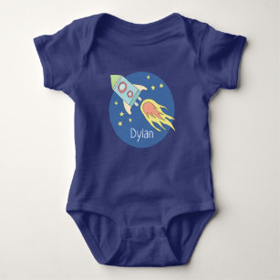 Baby Boys Colorful Rocket Ship Space and Name Baby Bodysuit