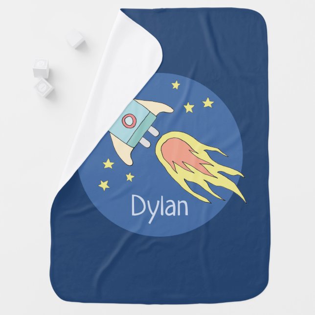 Baby Boys Colorful Rocket Ship Space and Name Blanket (In Situ)