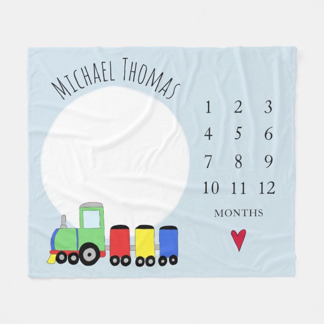 Baby Boys Colorful Train & Name Monthly Milestone Fleece Blanket (Front (Horizontal))