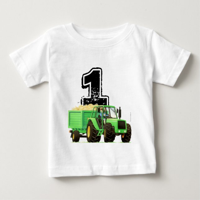 Baby Boys Custom Green Tractor 1st Birthday Baby T-Shirt (Front)