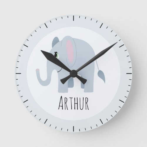 Baby Boys Cute Blue Elephant Kids Nursery Round Clock