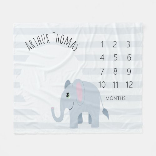 Baby Boys Cute Blue Elephant Safari Milestone Fleece Blanket