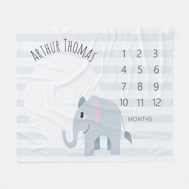 Baby Boys Cute Blue Elephant Safari Milestone Fleece Blanket (Front (Horizontal))