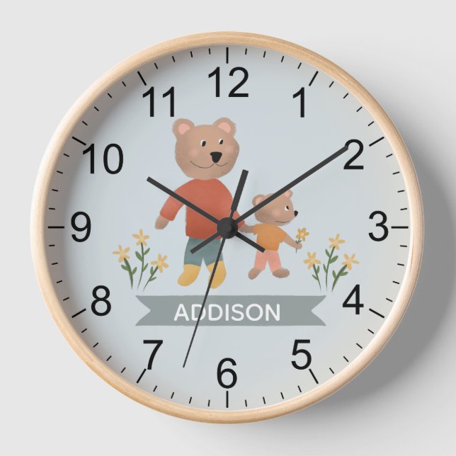 Baby Boys Cute Blue Forest Bears Nursery Clock (Front)