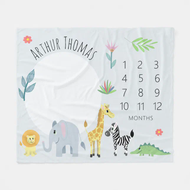 Baby Boys Cute Blue Jungle Safari Milestone Fleece Blanket | Zazzle