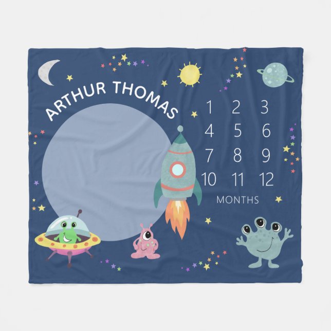 Baby Boys Cute Blue Space Alien Cartoon Milestone Fleece Blanket (Front (Horizontal))