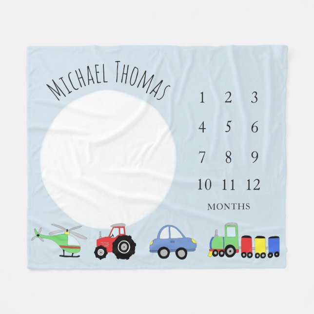Baby Boys Cute Blue Train Car Tractor Milestone Fleece Blanket (Front (Horizontal))
