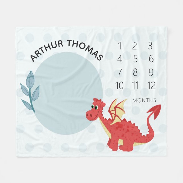 Baby Boys Cute Red Welsh Dragon and Name Milestone Fleece Blanket (Front (Horizontal))